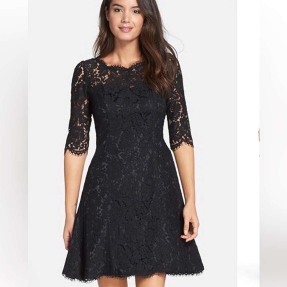 Eliza J Fit & Flare Tulip Dress Black Eyelash Lace Elbow Sleeve EUC 12P